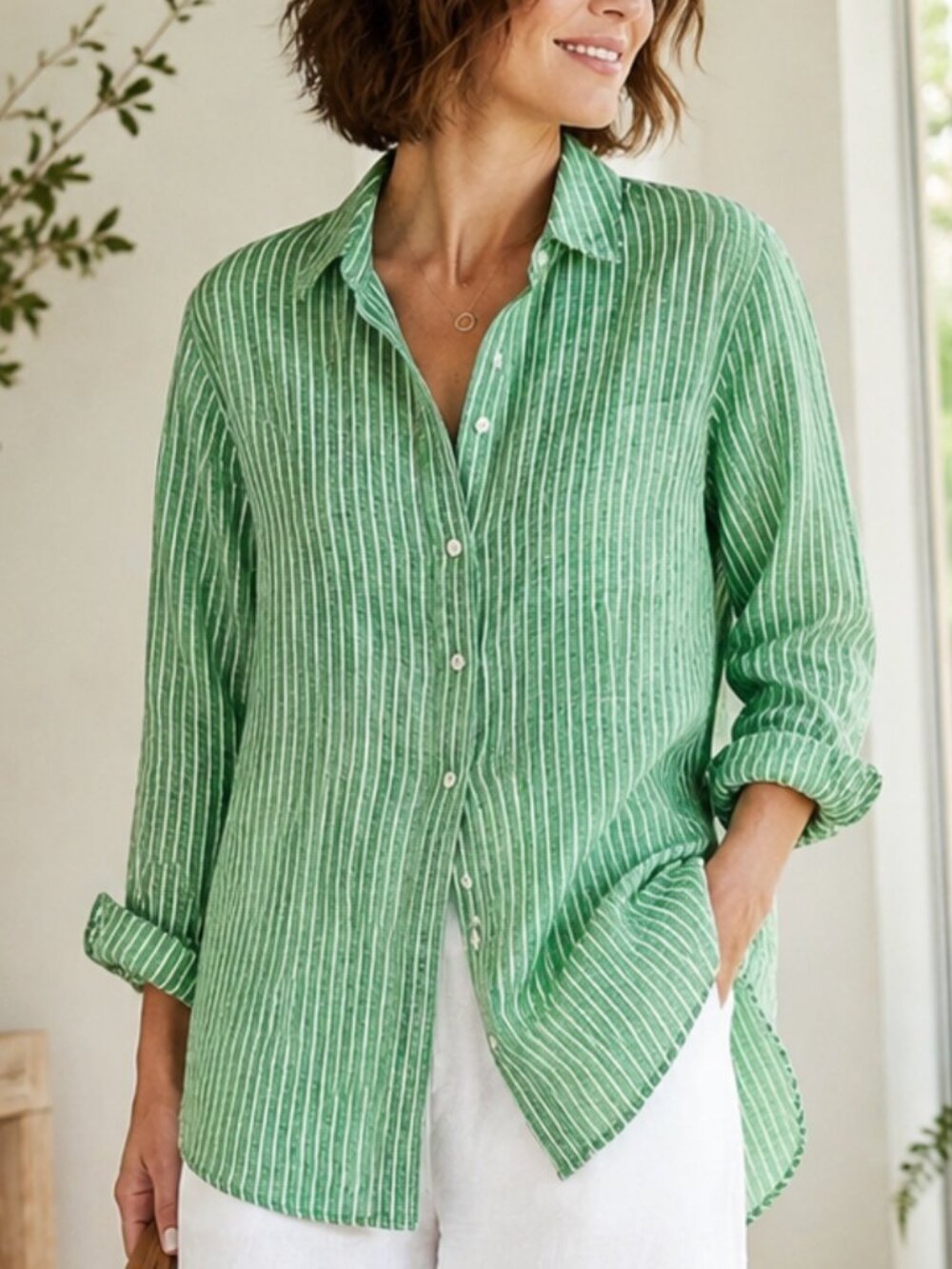 Green White Stripe 100% Linen Relaxed Fit Shirt SP Coastal Lagenlook Talbots